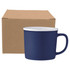 A ceramic mug in navy blue with a white rim, positioned next to a plain cardboard box.
