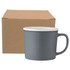 A grey ceramic mug with a white rim next to a plain cardboard box. The mug is 350ml in size and features a logo.