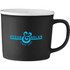 A black ceramic mug with a contrasting white interior and a logo. Holds 350ml of liquid.