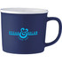 A ceramic mug in navy blue with a contrasting white rim and a logo on the side. Holds 350ml.