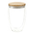 A drink bottle featuring a clear glass body and a bamboo lid, with a sleek, modern design.