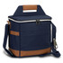 A navy blue cooler bag with a brown accent, featuring a zip closure and a removable shoulder strap.