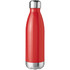 A drink bottle in vibrant red with a stainless steel base and a sleek, contoured design. Features a logo.