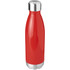 A drink bottle featuring a shiny red finish and a stainless steel base. It has a logo on the front.