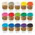 A range of reusable drink bottles featuring glass bodies and coloured lids with cork bands in various hues.