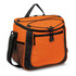 An orange cooler bag with black accents, featuring zippers and a mesh pocket. Includes a shoulder strap for carrying.