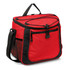 A red cooler bag with black accents, featuring zippers, a mesh pocket, and a shoulder strap. It has a logo on the front.
