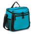 A teal cooler bag with black accents, featuring a top handle, side mesh pocket, and zippered compartments.
