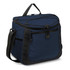 A dark navy cooler bag with a zippered top and two front pockets, featuring a shoulder strap and handle.