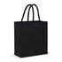 A black jute tote bag with two handles and a spacious interior, featuring a logo on one side.