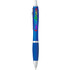 A blue plastic pen featuring silver accents and a logo. The pen has a comfortable grip and a sleek design.