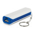 A power bank featuring a white body with blue accents, equipped with USB ports and a keychain attachment.