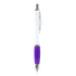 A ballpoint pen with a white barrel and a purple grip, featuring a silver clip and tip. It includes a logo.