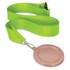 A podium medal with a 65mm shiny copper-colored disc attached to a bright green satin ribbon.