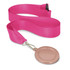 A pink ribbon medal with a circular rose gold emblem and a clip attachment.
