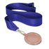 A podium medal featuring a blank, round bronze-colored medallion attached to a blue ribbon.