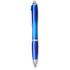 A blue ballpoint pen with a sleek design, featuring silver accents and a clip. It has a logo on the barrel.
