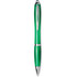 A green ballpoint pen made from recycled PET, featuring a chrome clip and accents, with branding visible.