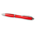 A red ballpoint pen with a sleek design and a silver clip, featuring branding on the side.