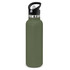 A drink bottle in a muted green colour with a black lid and a handle, featuring a logo.