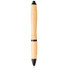 A bamboo ballpoint pen with black accents, featuring a smooth design and a clickable top. It has a logo on the body.