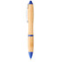 A bamboo ballpoint pen with a blue tip and accents, featuring a silver clip and branding.