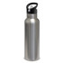 A drink bottle featuring a sleek stainless steel design with a black lid and carrying handle, plus a logo.