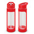 A drink bottle featuring a clear body with a vibrant red silicone lid and base, equipped with a flip-open spout.