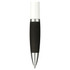 A stylus pen with a black rubber grip and a silver tip, featuring a white upper section and a logo.