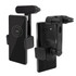 A black wireless charging phone holder designed for use in cars, featuring adjustable grips and a charging indicator.
