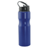 A drink bottle in a deep blue finish, featuring a black lid with a spout and a logo on the side.