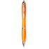 An orange ballpoint pen with chrome accents, featuring a clip and a smooth writing tip.