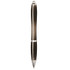 A black and silver ballpoint pen with a sleek design and a shiny finish, featuring a logo.