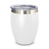 A drink bottle in white with a stainless steel rim and a clear lid, featuring a logo on the surface.