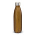 A drink bottle with a wood-like brown finish and a stainless steel cap, featuring a logo.