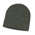 A green cable knit beanie with a soft texture and a simple design, featuring a logo.