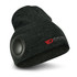 A black beanie featuring a round speaker and a logo, designed for Bluetooth connectivity.