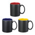 A set of three ceramic mugs in black with red, blue, and yellow interiors, each with a handle. Each mug is shown against a white background and has a logo.