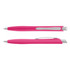 A pink plastic pen with silver accents and a clip for easy attachment. It has a smooth, sleek design.