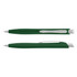 A green plastic pen with silver accents and a clip, featuring a smooth design and a logo.