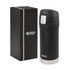 A drink bottle with a sleek black finish and a white base, accompanied by a stylish black box, featuring a logo.