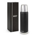 A drink bottle with a matte black finish and silver cap, presented in a sleek black box, featuring a logo.
