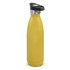 A drink bottle in bright yellow with a stainless steel lid and push button feature. Features a logo.