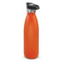 A drink bottle in bright orange with a push-button lid and a stainless steel base, featuring a logo.