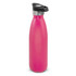 A drink bottle in vibrant pink with a push button lid and a stainless steel base. Features a logo.
