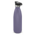 A drink bottle in a matte lavender finish with a black push button lid and stainless steel top, featuring a logo.