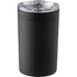 A drink bottle featuring a sleek black design with a clear lid, suitable for keeping beverages insulated.