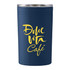 A drink bottle in navy blue with a clear lid and a logo featuring yellow text.
