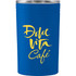 A drink bottle in a vibrant blue colour, featuring a logo in yellow, designed for hot or cold beverages.