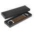 A drink bottle opener with a silver metal finish and a brown leather grip, presented in a black box.